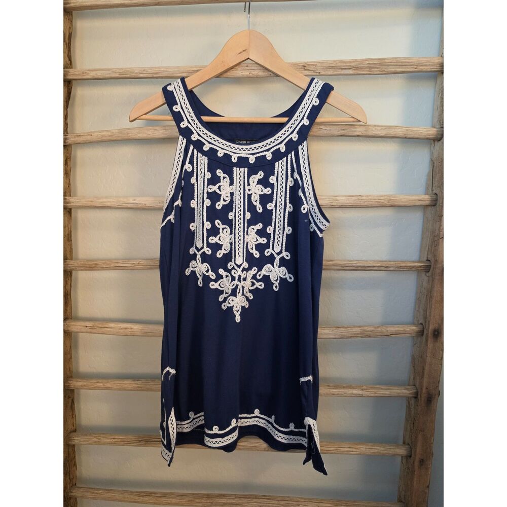 Lauren Michelle Tunic Top Navy White Soutache Crochet Embroidered Sleeveless